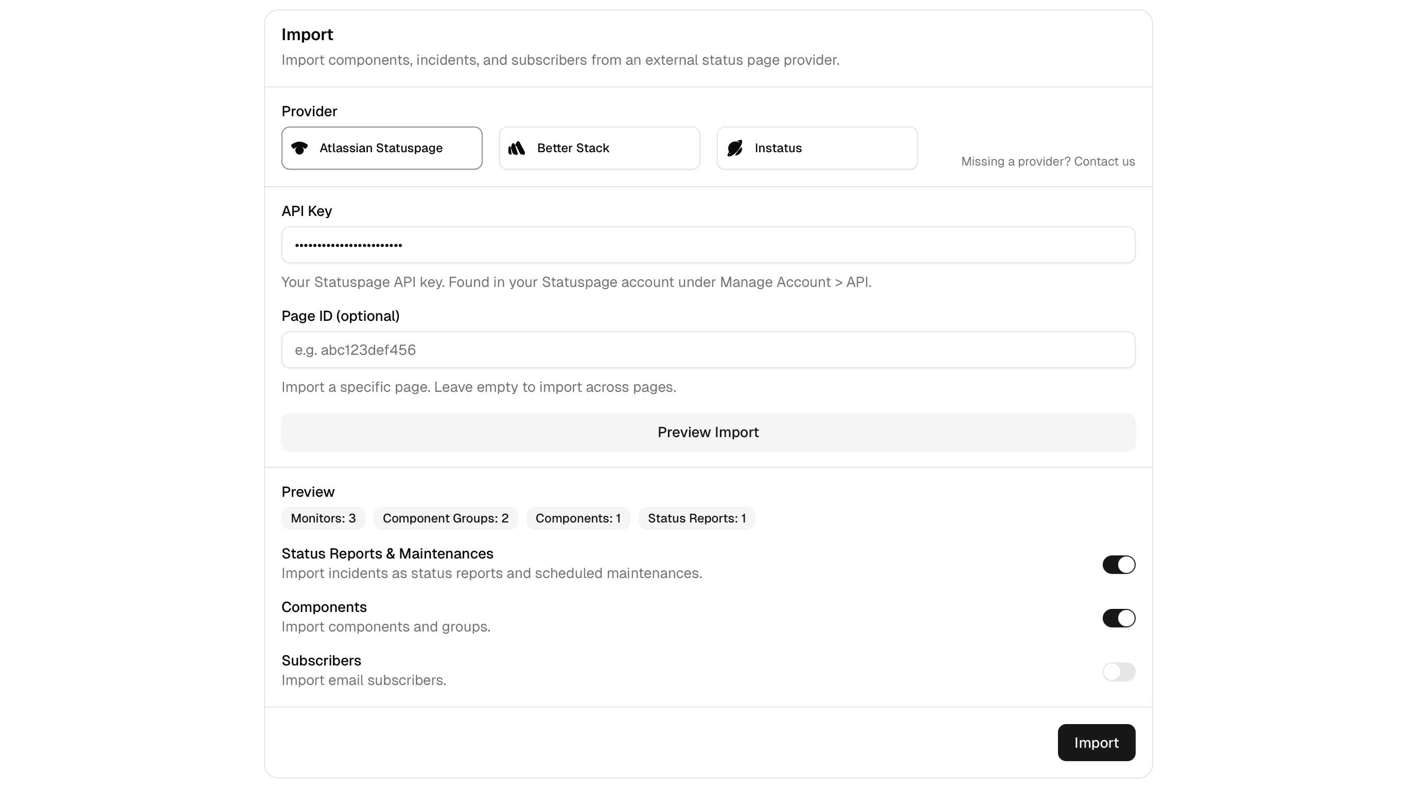 openstatus import form for Atlassian Statuspage with preview summary and import toggles